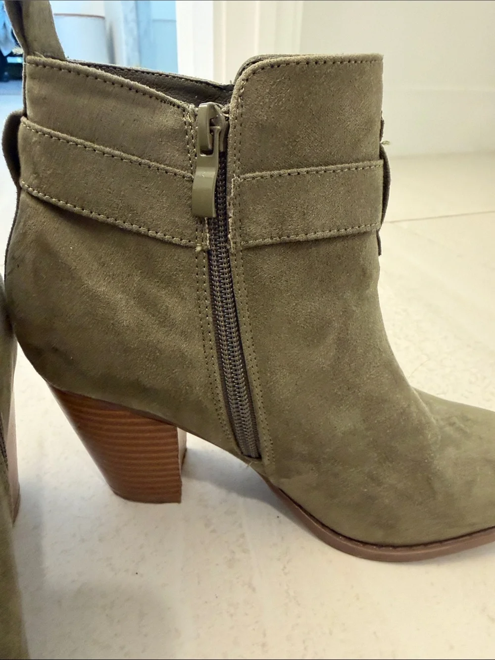 Diba Olive Suede Ankle Booties with Stacked Heel
